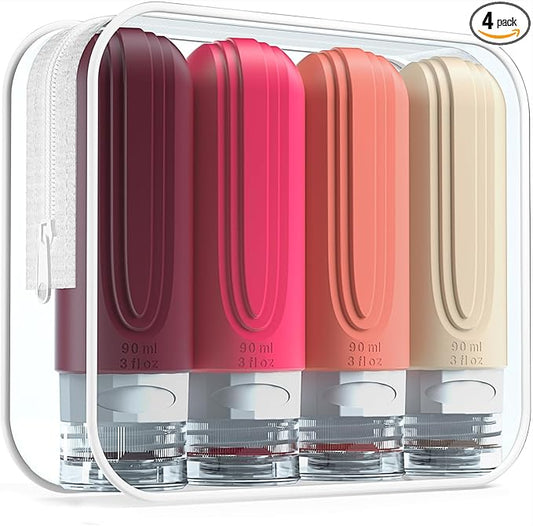 Travel Bottles for Toiletries, Tsa Approved 3oz Travel Size Containers BPA Free Leak Proof Refillable Liquid Silicone Squeezable Travel Accessories for Shampoo Conditioner Lotion (4 Pack)