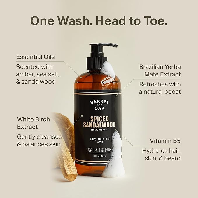 Barrel and Oak - All-In-One Body Wash, Men's Face, Hair, & Body Wash, Natural Exfoliator & Moisturizer, Hydrates Hair & Beard, Fragrant Amber Scent, Certified Organic (Spiced Sandalwood, 16oz)