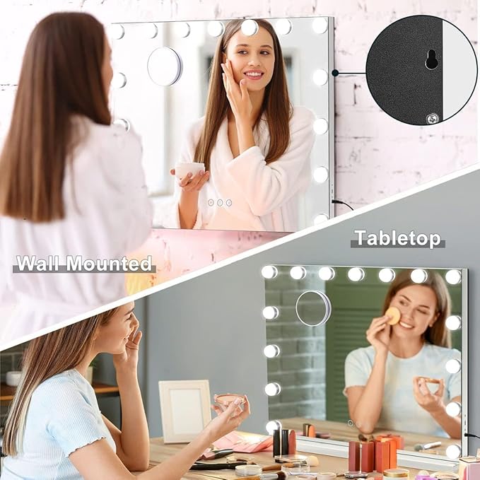 HIEEY Vanity Mirror with Lights, Hollywood Lighted Mirror with 15 Dimmable LED Bulbs, Makeup Mirror with Lights, and 5X Magnification Mirror, 3 Colors Modes,Touch Control, Metal Frame,White