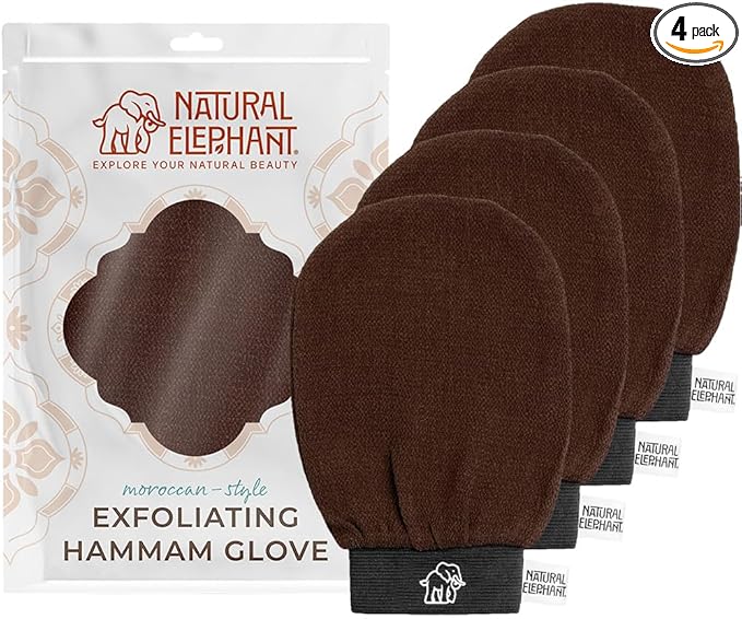 Natural Elephant Exfoliating Kessa Glove - Face and Body Exfoliator Hammam Mitt (Chocolate Brown (Pack of 4))