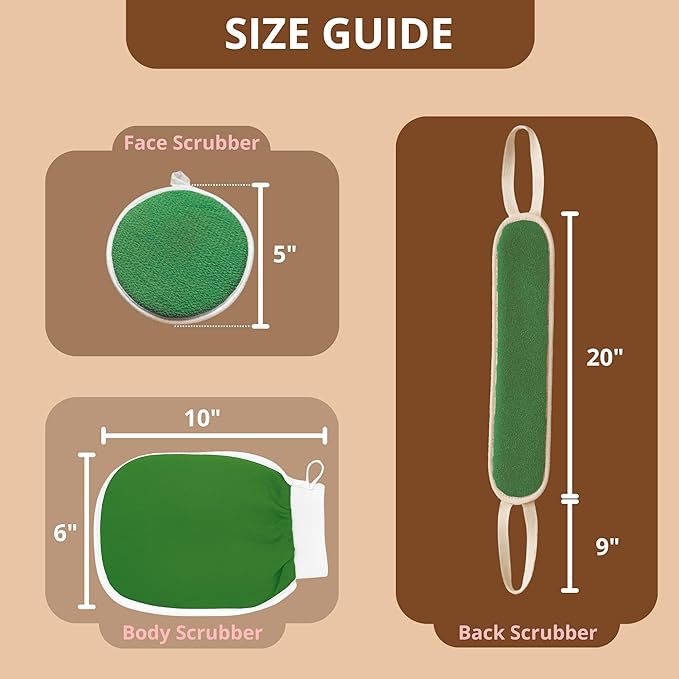 Exfoliating Glove Set (Original) – 3 Pieces Moroccan Hammam Scrub Mitts for Face, Body & Back – Deep Skin Cleansing & Dead Skin Removal – Reusable Spa Exfoliator – Assorted Colors (GREEN)