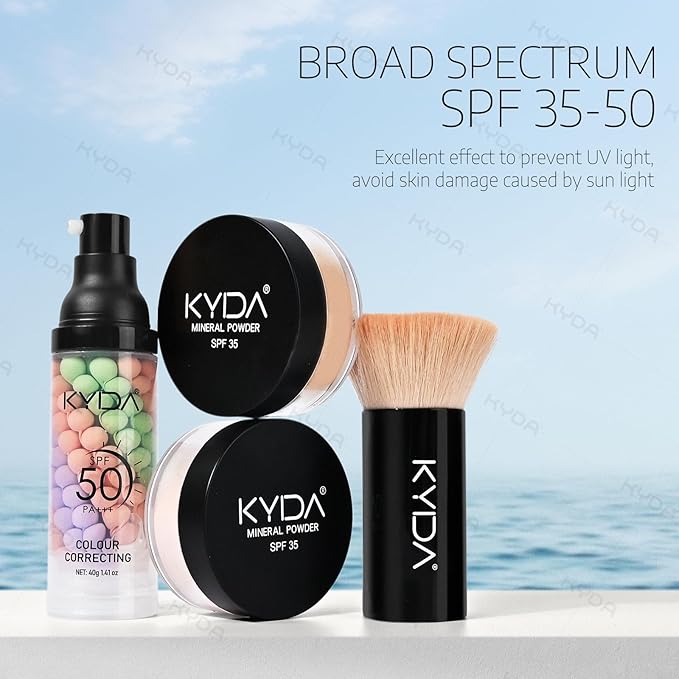 KYDA Mineral Makeup Kit, Includes SPF 50 Color Correcting Primer, SPF 35 Loose Powder Foundation + Translucent Loose Setting Powder, Foundation Brush, Makeup Starter Set, Travel Size - Fair Light