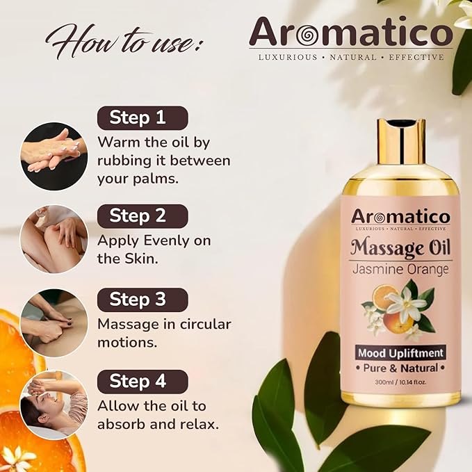 Massage Oil with Jasmine & Orange Essential Oils – Infused with Sesame, Almond & Jojoba Oils – Full Body Massage Oil for Relaxation – for Men & Women – 10 Fl Oz