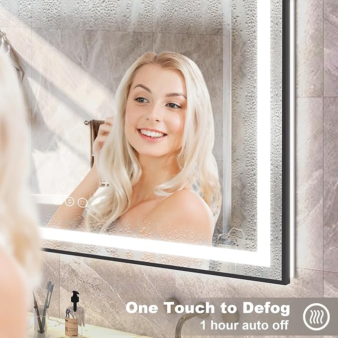 OKPAL 60x40 Black LED Bathroom Mirror, Lighted Bathroom Mirrors with Lights, Front Light and Backlit, Lighted Vanity Mirror, Dimmable, Anti-Fog, Shatterproof, ETL Listed (Horizontal/Vertical)