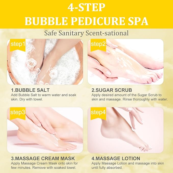 Pedicure Kit Foot Soak Set: Bubble Salt, Sugar Scrub, Massage Mask, Massage Lotion in a Box, 4 Step Foot Spa Kit for Dry Feet, Calluses and Tired Feet(3 Set Milky Flower)