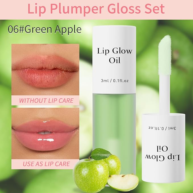 Hellokiss 3Pcs Lip Glow Oil,Moisturizing Lip Plumper Gloss,3 Fruit Flavoured Lip Balm Lip Care,Clear Plumping Lip Gloss,Non-Sticky Long Lasting Hydrating Lip Oil(Honey,Green Apple,Coconut)
