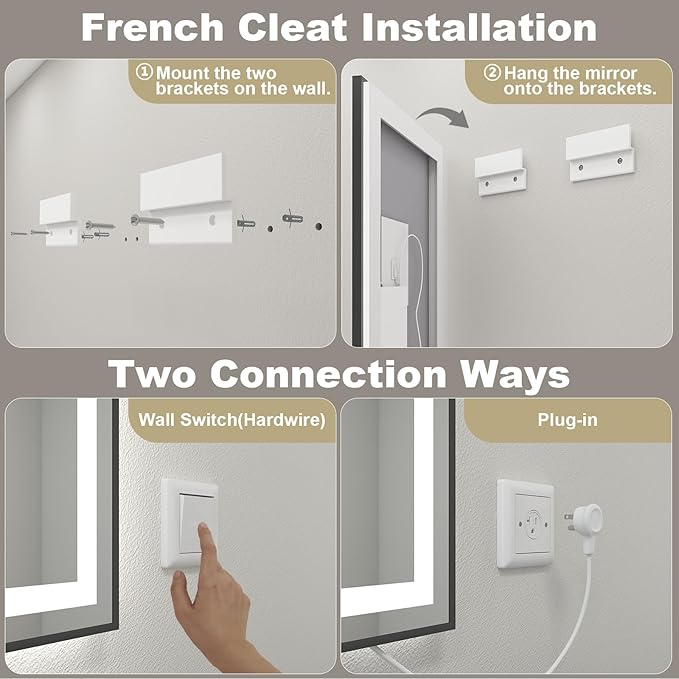 OKPAL 44x32 LED Bathroom Mirror, Lighted Bathroom Mirror with Black Frame, Lighted Vantiy Mirror for Bathroom, Defogger, Dimmable, Shatterproof, Memory, ETL Listed (Front Light and Backlit)