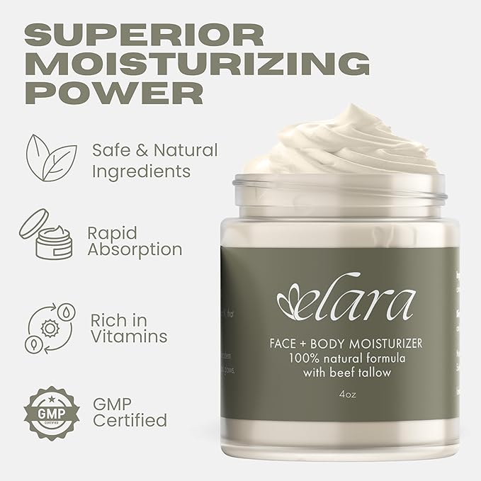 Elara Beef Tallow For Skin - Whipped Tallow Balm For Face And Body - 100% Grass-Fed Tallow Skin Balm With Marula And Sweet Almond Oil - 4 Fl. Oz. - Lavender