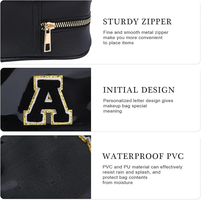 YOOLIFE Travel Toiletry Bag for Women, Black Clear Makeup Bag Cute Make Up Bag for Women Cosmetic Bags Skin Care Makeup Bag Organizer Birthday Gifts for Women Teacher Mother Girlfriend Initial T