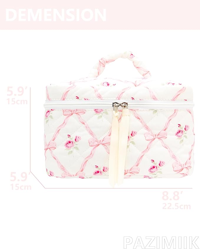 PAZIMIIK Quilted Makeup Bag Large Travel Zipper Soft Cosmetic Case for Women Girls Make Up,Bow Rose