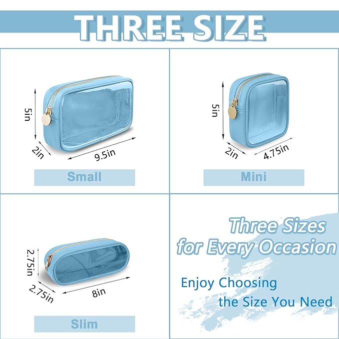 Clear Small Makeup Bag with Zipper, Nylon&PVC Cosmetic Travel Bag Preppy TSA Approved Toiletry Bag for Women Girls, Transparent Waterproof Makeup Pouches Cute Travel Bag for Purse(Small-Blue)