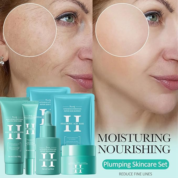 Hyaluronic-Acid Skincare Set, Skin Care Kit For Women, Skincare Gift Set, 6pcs Facial Kit For Women With Cleanser, Face Serum, Face Moisturizer, Eye Cream & Face Mask, Clean, Soft, And Plump