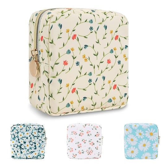 Waterproof Mini Floral Makeup Bag Pouch for Purse,Nylon Flower Cosmetic Bag Small Preppy Toiletry Organizers Bag for Women Girl,Cute Zipper Pouch Coin Purse for Work(Mini Light Yellow-Flowers)