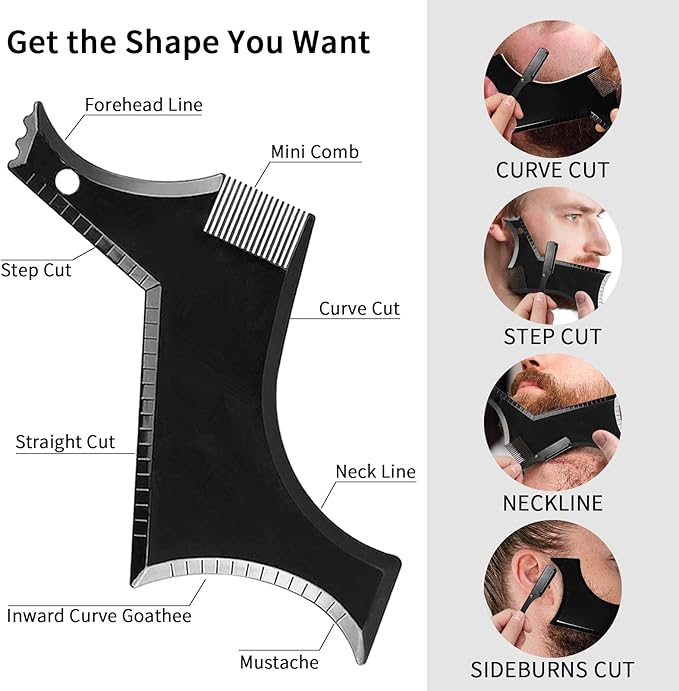 Beard Shaper for Men Beard Shaping Tools - Beard Straightener, Beard Template Guide, Professional Straight Edge Razor, 10 PCS Double Edge Blade, Barber Pencil, Beard Comb, 2 Stainless Steel Scissors