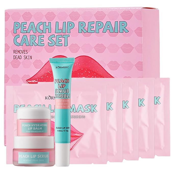 4 In 1 Peach Lip Care Kit With Lip Exfoliator Scrub And Moisturizer, Peach Scrub Bubble, Hydrating Lip Mask, Lip Scrubs Gentle Exfoliating, Instant Moisturizing, Lip Balm Hydrating For Very Dry Lips