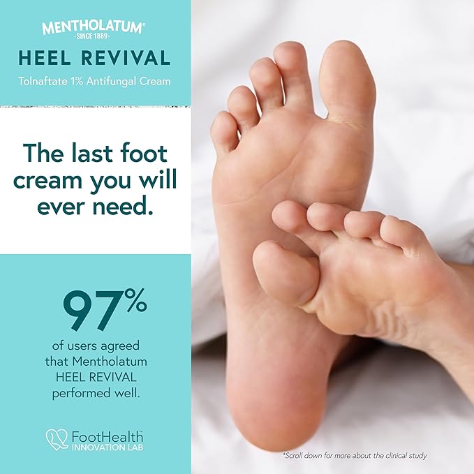 Mentholatum Heel Revival, Persistent Cracked Heel Repair Treatment, 1% Tolnaftate Antifungal Cream, Antifungal Foot Treatment, Eliminates & Prevents Fungus, 1 OZ