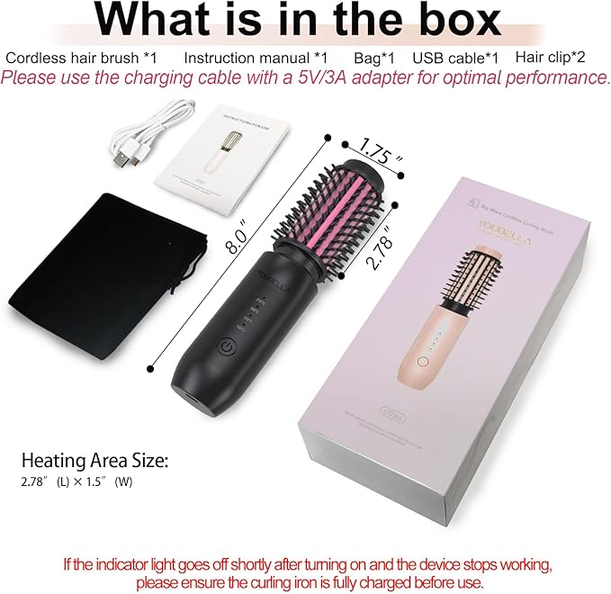 Cordless Hair Curling Iron Brush, Mini Travel Hot Straightener Comb, 3-in-1 Portable Wave Curling Wand, 1.5″ Ionic Heated Brush, USB Rechargeable Hair Curler, Black – No Automatic Rotation