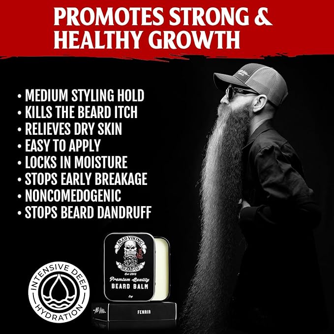 Mad Viking Fenrir Beard Balm – Non-Greasy Balm to Soften and Style with a Medium Hold - Made with Shea Butter, Beeswax & Premium Oils - Bold Bourbon, Neroli, Rum & Tobacco Scent, Made in the USA - 2oz