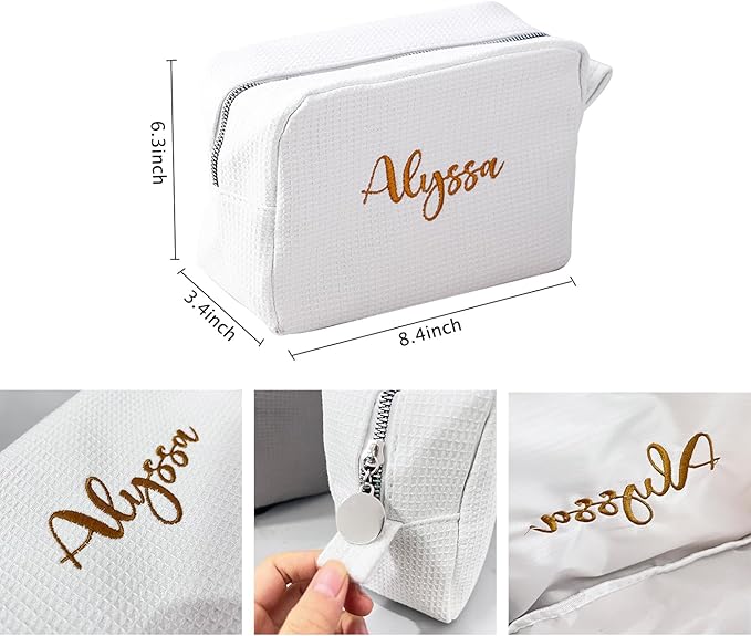 GOPHIE Personalized Embroidered Makeup Bag,Custom Waffle Fabric Cosmetic Pouch for Women, Travel Makeup Pouch (3, White)