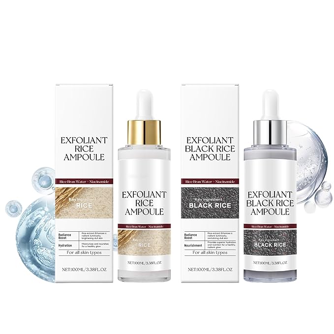 Rice Water Duo Exfoliating & Brightening Ampoules -2x100ml Gentle Facial Peel for Smooth SkinTextureDaily Exfoliator with RiceBran Extract FDA-Certified SkinRenewal Booster for All Skin Types