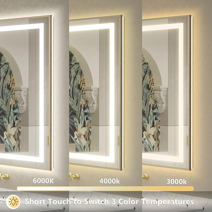 OKPAL 40x24 Gold LED Bathroom Mirror with Lights, Frontlit & Backlit Metal Framed Mirror, Lighted Bathroom Vanity Mirror, Anti-Fog, Dimmable 3 Colors, Shatterproof, Horizontal/Vertical