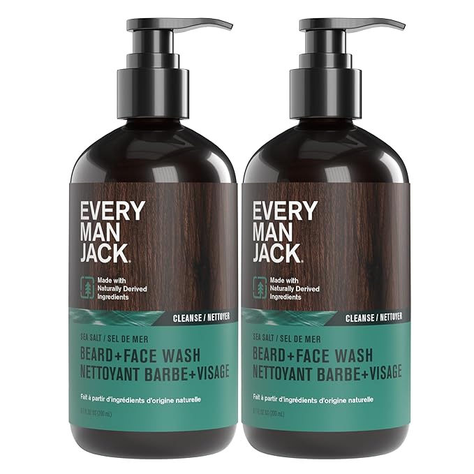 Every Man Jack Beard + Face Wash - Subtle Sea Salt Fragrance - Deep Cleans, Conditions, and Softens Your Beard and Skin Underneath - Naturally Derived with Coconut Oil, Glycerin, and Coconut - 6.7-fl oz (2 Pack)