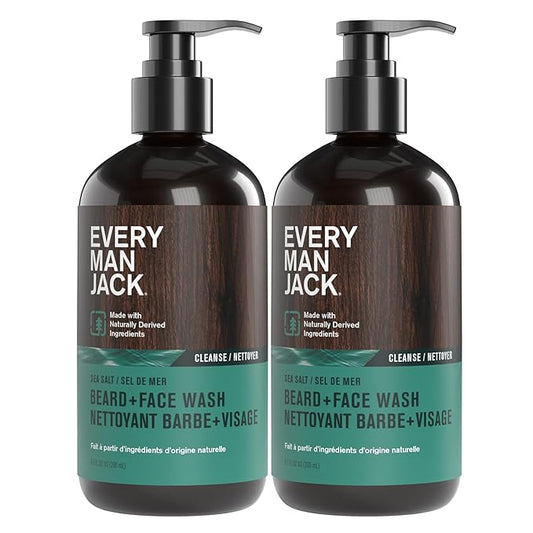 Every Man Jack Beard + Face Wash - Subtle Sea Salt Fragrance - Deep Cleans, Conditions, and Softens Your Beard and Skin Underneath - Naturally Derived with Coconut Oil, Glycerin, and Coconut - 6.7-fl oz (2 Pack)
