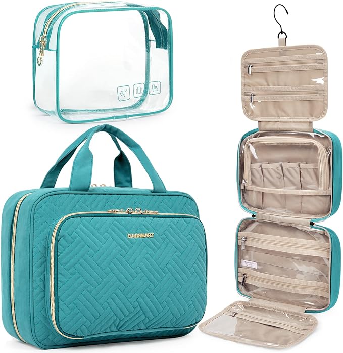 BAGSMART Toiletry Bag Hanging Travel Makeup Organizer with TSA Approved Transparent Cosmetic Bag Makeup Bag for Full Sized Toiletries, Large-Blue
