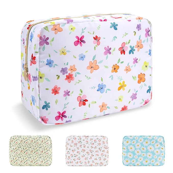 Waterproof Large Floral Makeup Pouch,Nylon Travel Toiletry Storage Purse Preppy Cosmetic Bag for Women Girl,Large Capacity Makeup Organizer Zipper Pouch for Work(L Colorful-Flowers)