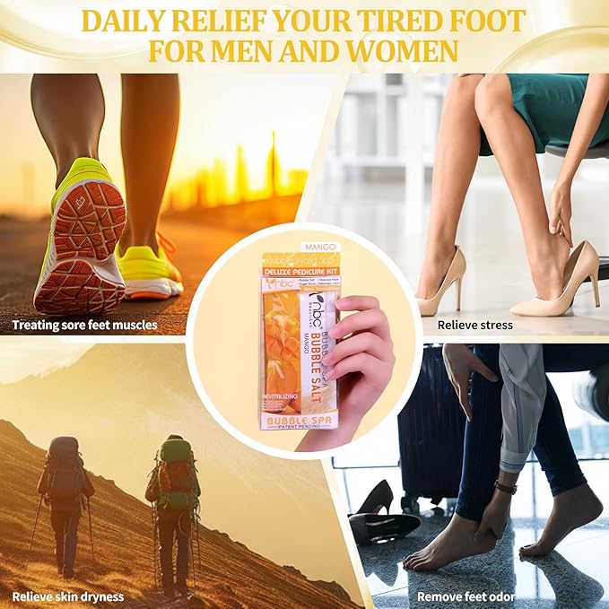 Pedicure Kit Foot Soak Set: Bubble Salt, Sugar Scrub, Massage Mask, Massage Lotion in a Box, 4 Step Foot Spa Kit for Dry Feet, Softens Calluses, Soothes Sore, Tired Feet（3 Set Rose)