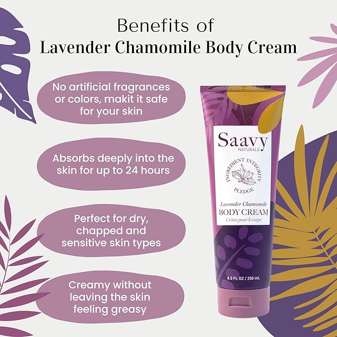 Saavy Naturals Lavender Chamomile Body Cream for Men & Women, Absorbent Shea Butter Vegan Formula, Thick and Creamy, Naturally Scented Body Lotion for Dry Skin, 8.5 Oz, 2 Pack. Made in the USA