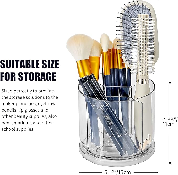 Makeup Brush Holder Organizer -Rotating 360° Clear Storage Cup Containers for Vanity, Desk, Countertop, Spinning Pen Holder for Desk, Round Make up Brush Stand with 5 Slots, for Cosmestics (Clear)