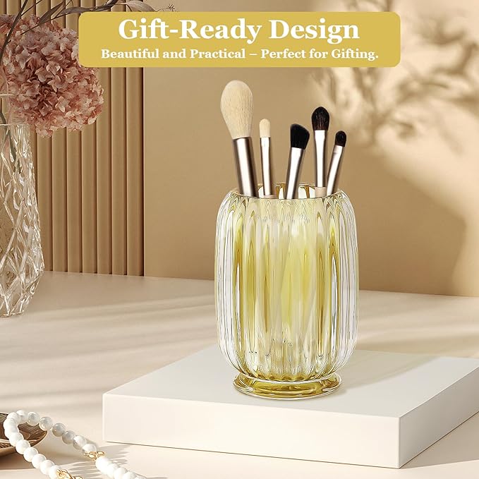 Makeup Brush Holder, Thick Glass Makeup Brush Organizer Cup, 4.8" Tall for Vanity Hair Brush Holder Brushes Storage, Makeup Brush Holder Organizer organizador de brochas de maquillaje Crystal Amber