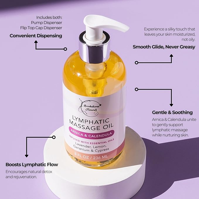 Lymphatic Massage Oil for Massage Therapy & Natural Lymphatic Drainage | Premium Quality with Arnica & Lavender Oil | for Post Surgery Recovery & Detox | 8oz by Brookethorne Naturals