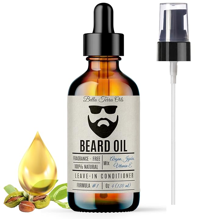 Bella Terra Oils - Beard Oil 4oz - Crafted with Genuine Natural Organic Vitamin E, Organic Jojoba & Argan, Classic Anti-Friz Formula, Elevating Beard Luster & Care