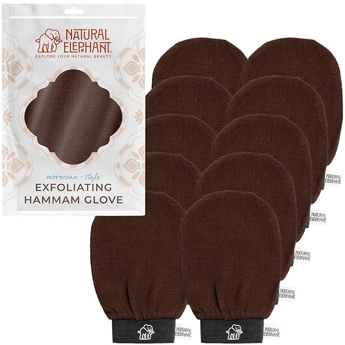 Natural Elephant Exfoliating Hammam Glove - Face and Body Exfoliator Mitt 5 and 10 Packs (Chocolate Brown (Pack of 10))