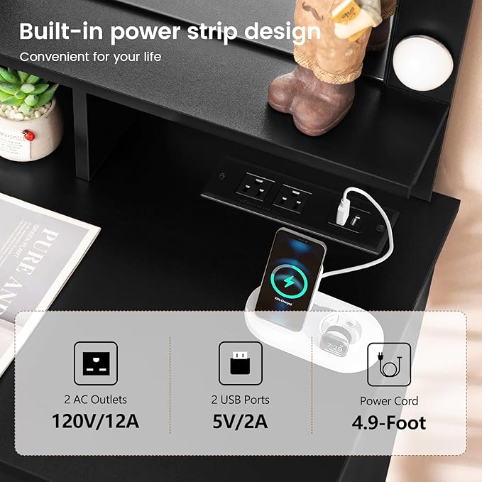 Quimoo Makeup Vanity with 10 Light Bulbs and Charging Station, Vanity Desk with Lighted Mirror & 4 Drawers, Vanity Table Set with Cushioned Stool, Black