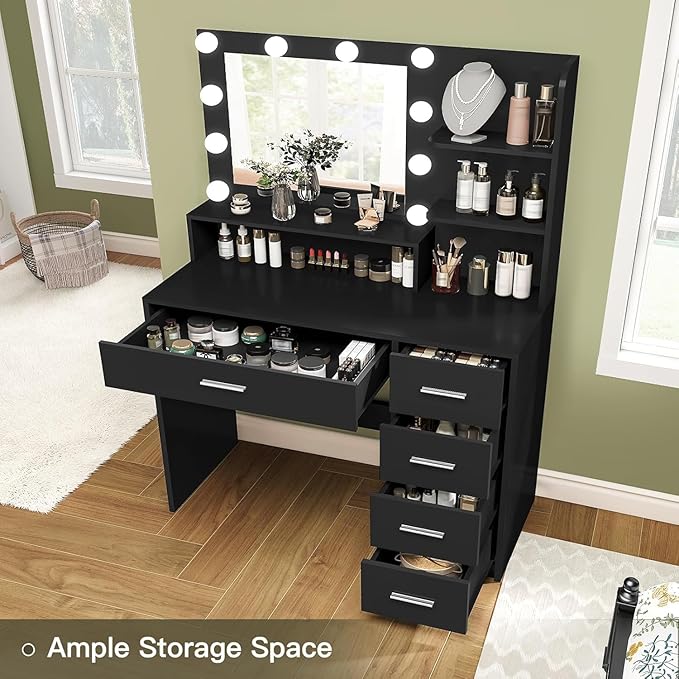 Quimoo Makeup Vanity Desk with Mirror & Lights, Vanity Desk with 5 Drawers & Storage Shelves, Vanity Table, 3 Color Modes & Adjustable Brightness Dressing Table, Bedroom, Black