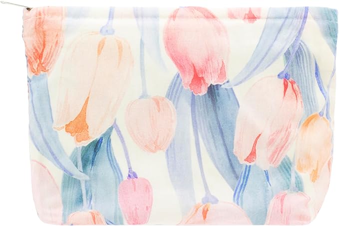 Floral Makeup Bag Large Cotton Zipper Pouch for Purse Travel Canvas Make Up Organizer for Women Cosmetic,Tulip Pink