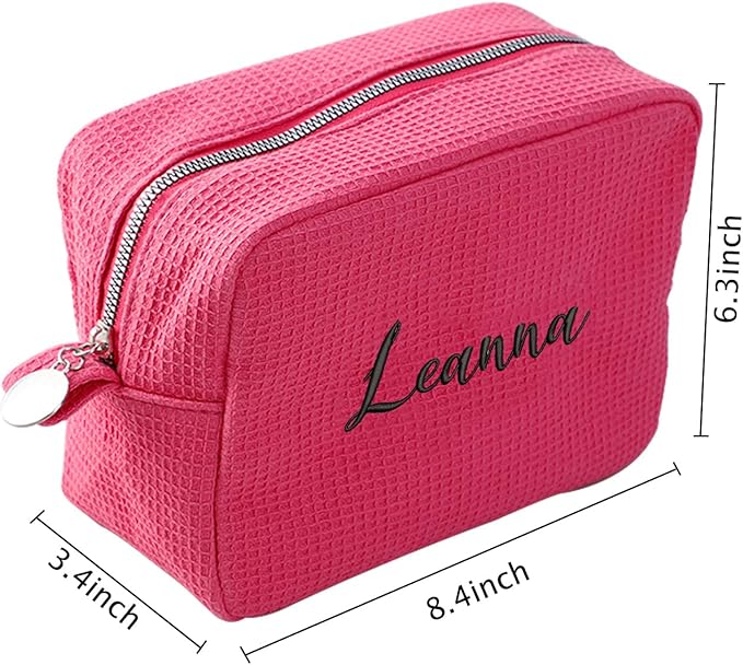 GOPHIE Personalized Embroidered Makeup Bag,Custom Waffle Fabric Cosmetic Pouch for Women, Travel Makeup Pouch (3, Hot Pink)