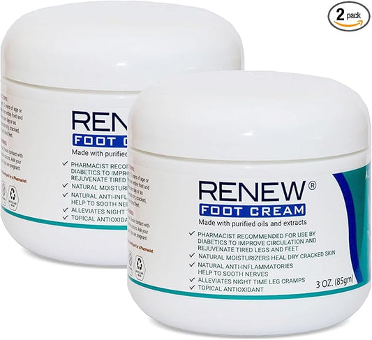 KPW Laboratories Renew Foot Cream for Dry Cracked Heels 2-Pack All-Natural Foot Care for Women & Men, Revitalizing Diabetic Foot Cream, Hydrating Foot Lotion for Dry Feet - Promotes Better Circulation