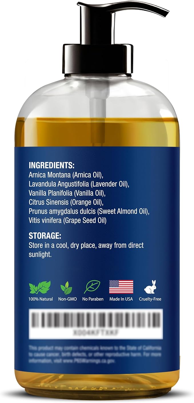 Lymphatic Drainage Massage Oil for Massage Therapy 8 fl oz - Refreshing and Relaxing - Natural Oils with Arnica, Vanilla and Lavender Oil - for Men and Women - Nexon Botanics