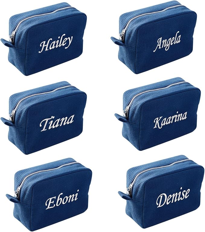 GOPHIE Personalized Embroidered Makeup Bag,Custom Waffle Fabric Cosmetic Pouch for Women, Travel Makeup Pouch (6, Navy Blue)