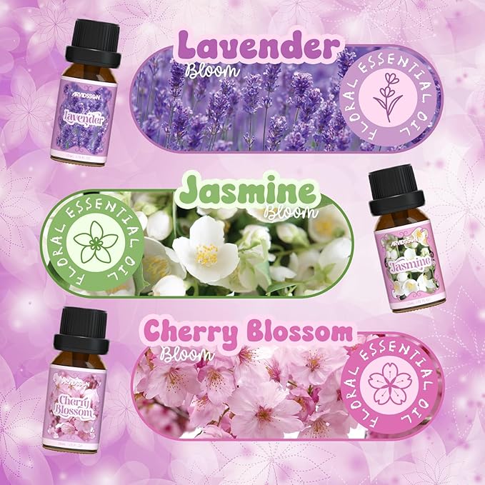 Floral Essential Oils Set, ARVIDSSON Natural Flower Fragrance Oil Gift for Women - Lavender, Jasmine, Cherry Blossom, Gardenia, White Tea, Rose Essential Oil for Diffuser & Candle Making