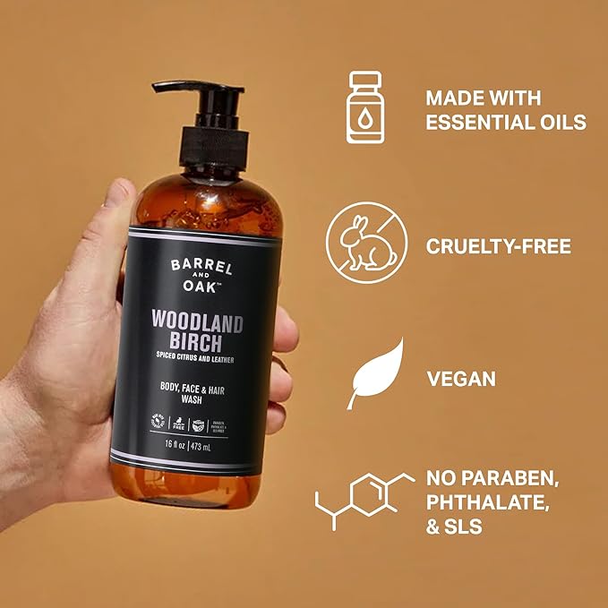 Barrel and Oak - All-In-One Body Wash, Men's Body Wash, Men's Soap for Hair, Face, & Body, Refreshing & Balanced Cleanser, Essential Oil-Based Scent, Vegan (Woodland Birch, 16 oz)