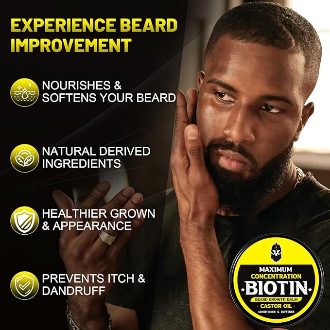 Beard Balm, Maximum Concentration BIOTIN, with Castor Oil and Argan & Jojoba Oils, Promotes Beard Growth, Styles, Strengthens & Softens Beards & Mustaches, 2 Ounce，Sandalwood