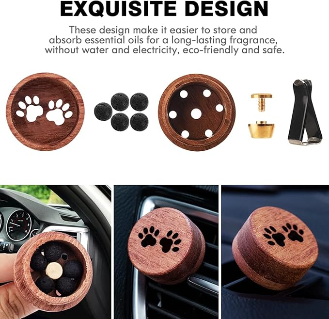 Essential Oil Car Diffuser, 2 PCS Cat Paw-Shaped Car Aromatherapy Wood Diffuser with Vent Clip