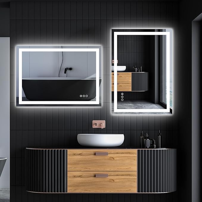 Amorho LED Mirror for Bathroom 28X20 Inch with Backlight and Front Lit, Fogless Mirror for Wall Mounted, Dimmable, 3 Colors, Memory