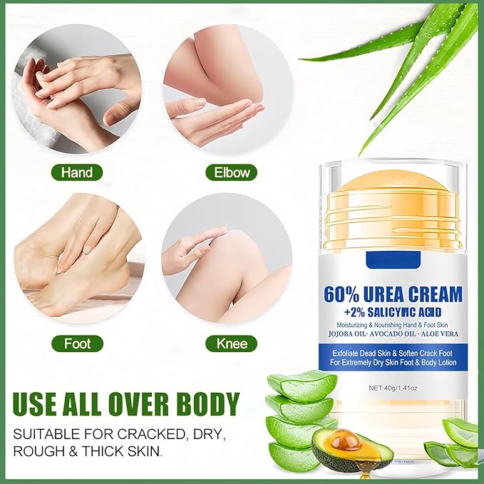 Urea Cream 60 Percent for Feet Maximum Strength, 2 Pack Foot Stick for Cracked Heels and Dry Skin, Softening Calluses with Shea Butter Aloe Jojoba Oil, Heel Repair Stick Balm for Men & Women, 40g Each