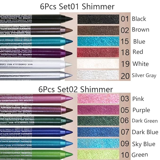 evpct 6Pcs Blue Colored Glitter Eyeliner Pencils Set delineadores de colores para ojos ojos contra el agua Dark Light Blue Green Purple Red Pink Metallic Colorful Liquid Eye Liner Set Women Waterproof